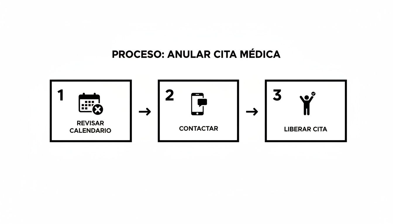 Anular cita médica en España: Guía rápida y sencilla 1 Diagrama de flujo que muestra el proceso de anular una cita médica en tres pasos: revisar calendario, contactar y liberar cita.