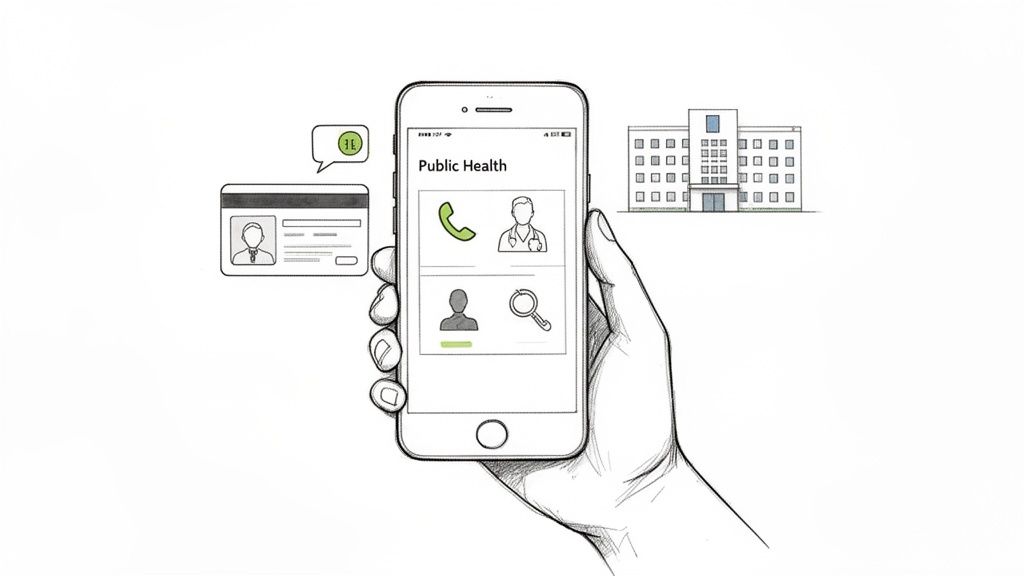 Anular cita médica en España: Guía rápida y sencilla 3 Mano sosteniendo un smartphone con la aplicación de Salud Pública, tarjeta de identificación y un edificio hospitalario.