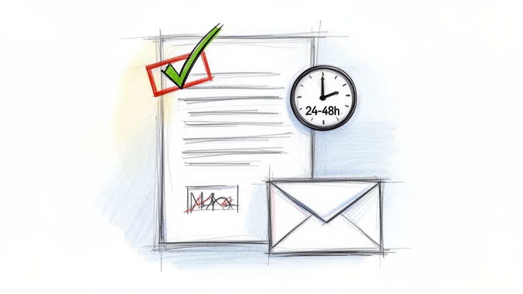 Anular cita médica en España: Guía rápida y sencilla 4 Dibujo de un documento con marca de verificación, reloj con '24-48h' y sobre. Representa la gestión de un proceso.