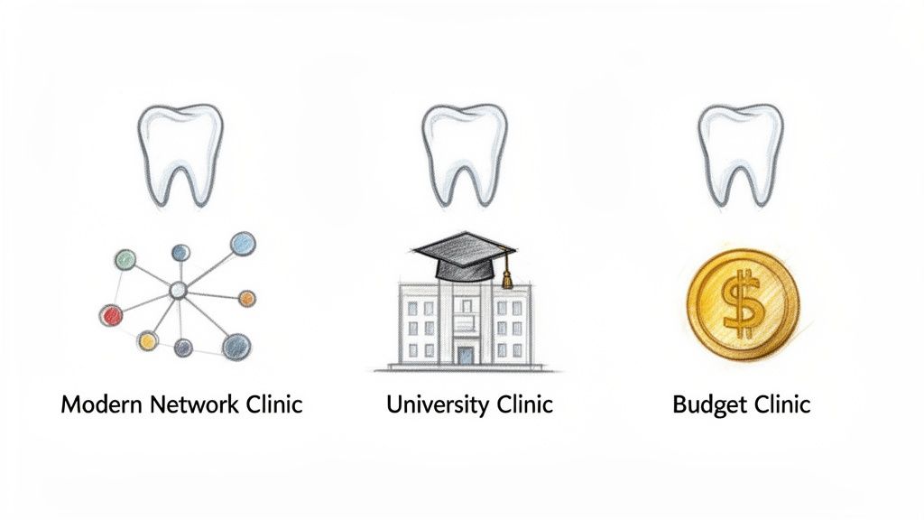 Limpieza dental Vitaldent precio: Guía completa y cómo ahorrar 4 Visualización de tres tipos de clínicas dentales: red moderna, universitaria y económica, con sus íconos y nombres.