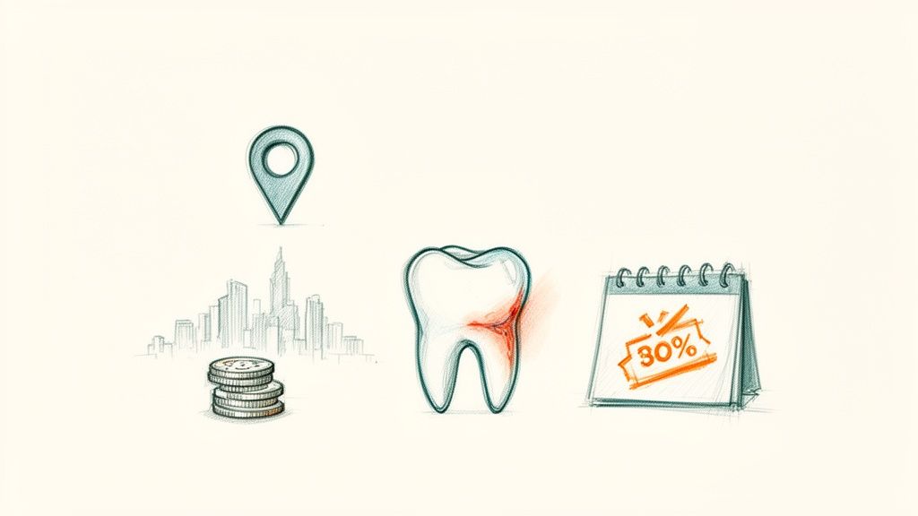 Limpieza dental Vitaldent precio: Guía completa y cómo ahorrar 3 Iconos dibujados a mano de un localizador, dinero, un diente dolorido y un calendario con 30% de descuento.