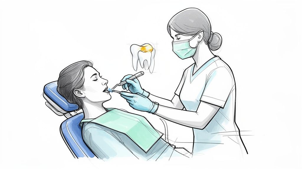 Limpieza dental Vitaldent precio: Guía completa y cómo ahorrar 2 Dentista examinando los dientes de un paciente en una silla dental, con un diente ilustrado mostrando una caries.