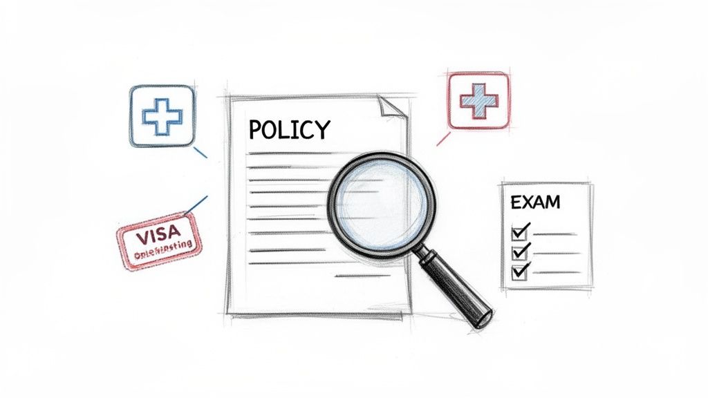 Protege tu viaje de estudios con un seguro cancelacion vuelos 2 Documento de política con lupa, sello VISA, lista de verificación de examen y símbolos médicos.