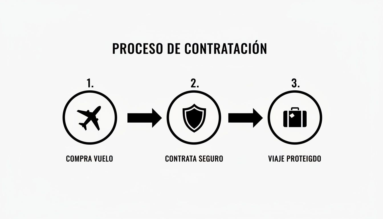 Protege tu viaje de estudios con un seguro cancelacion vuelos 3 Proceso de contratación de seguro de viaje en tres pasos: compra vuelo, contrata seguro y viaja protegido.