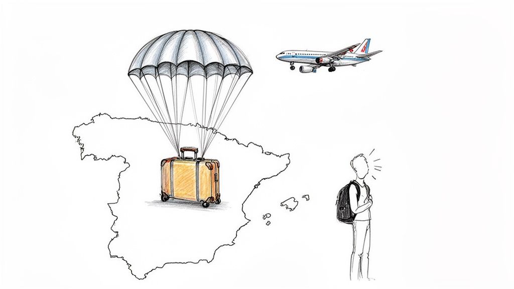 Protege tu viaje de estudios con un seguro cancelacion vuelos 1 Un mapa de España con una maleta cayendo en paracaídas, un avión volando y una persona con mochila.