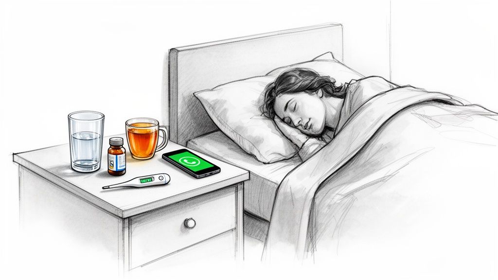 Gripe cuanto dura: tu guía 2026 para entender y acortar la recuperación 3 Una persona duerme tranquilamente en la cama, con medicinas, agua, té y un termómetro en la mesa de noche.