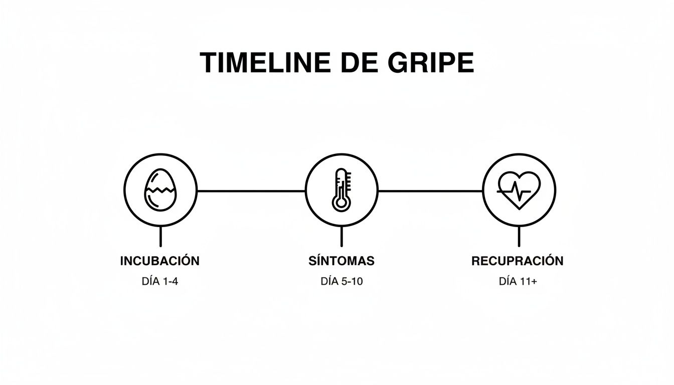 Gripe cuanto dura: tu guía 2026 para entender y acortar la recuperación 1 Línea de tiempo de la gripe con fases de incubación (días 1-4), síntomas (días 5-10) y recuperación (día 11+).