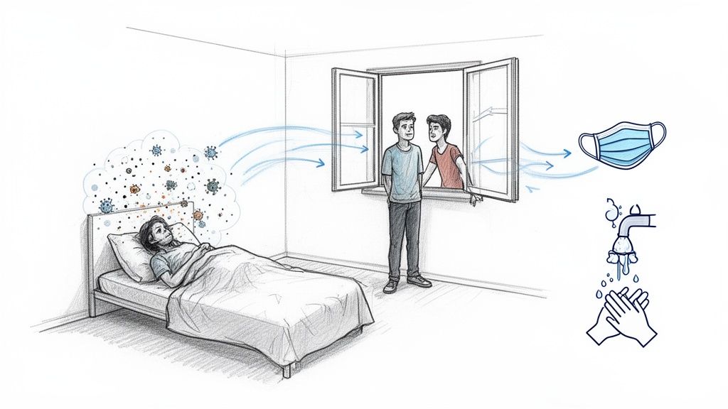 Gripe cuanto dura: tu guía 2026 para entender y acortar la recuperación 2 Persona enferma en cama con virus, ventilación, mascarilla y lavado de manos para prevenir contagios.