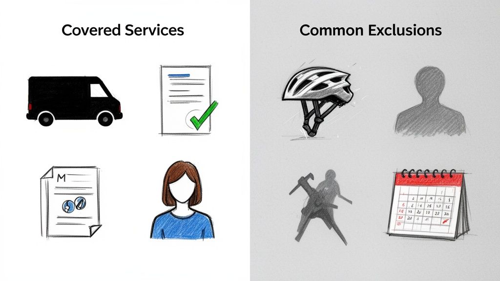 Seguros de decesos Mapfre para extranjeros en España ¿valen la pena? 2 Infografía comparando servicios cubiertos (vehículo, documentos, persona) con exclusiones comunes (casco, silueta, calendario).