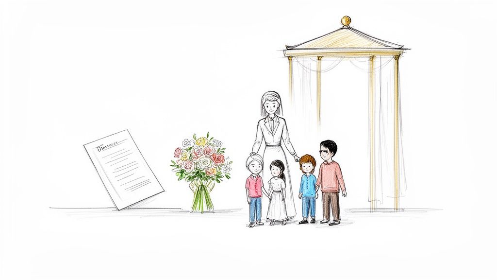 Seguros de decesos Mapfre para extranjeros en España ¿valen la pena? 1 Mujer con cuatro niños, un ramo de flores, documento de garantías y un arco, simbolizando protección familiar.