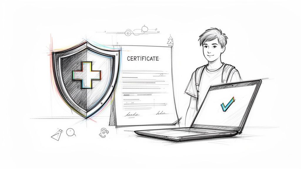 Preparando tu visado: como hacer autorizaciones para España 2026 3 Dibujo de un escudo médico, un certificado y un joven con laptop, simbolizando protección y logros.