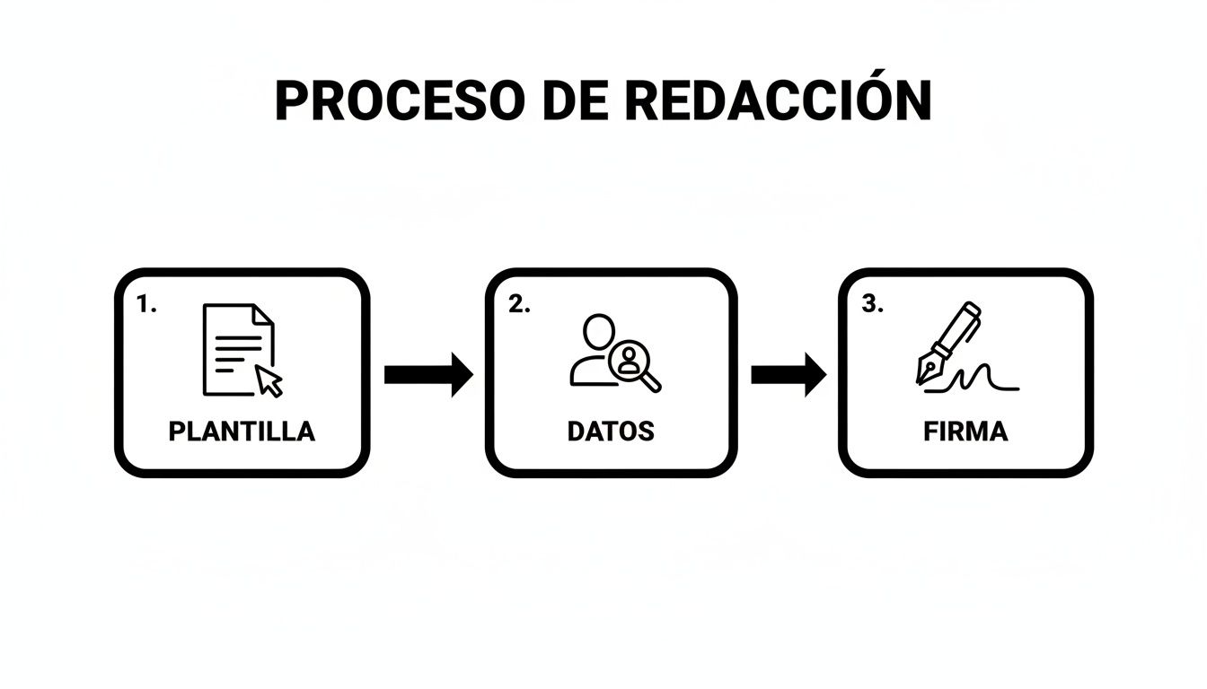 Preparando tu visado: como hacer autorizaciones para España 2026 2 Diagrama del proceso de redacción que incluye los pasos de plantilla, datos y firma.