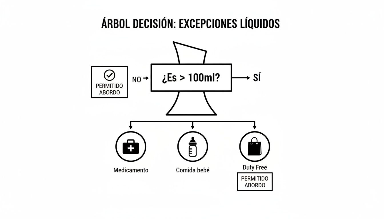 Limite liquidos avion: Guía 2026 para viajar sin sorpresas 3 Árbol de decisión sobre excepciones a la regla de líquidos de 100ml en vuelos: medicinas, comida de bebé, Duty Free.