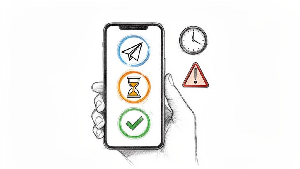 Mapfre Salud Autorizaciones: guía de mapfre salud autorizaciones en 2026 3 Mano sosteniendo un smartphone con iconos de envío, espera y confirmación. Un reloj y señal de advertencia cercanos.