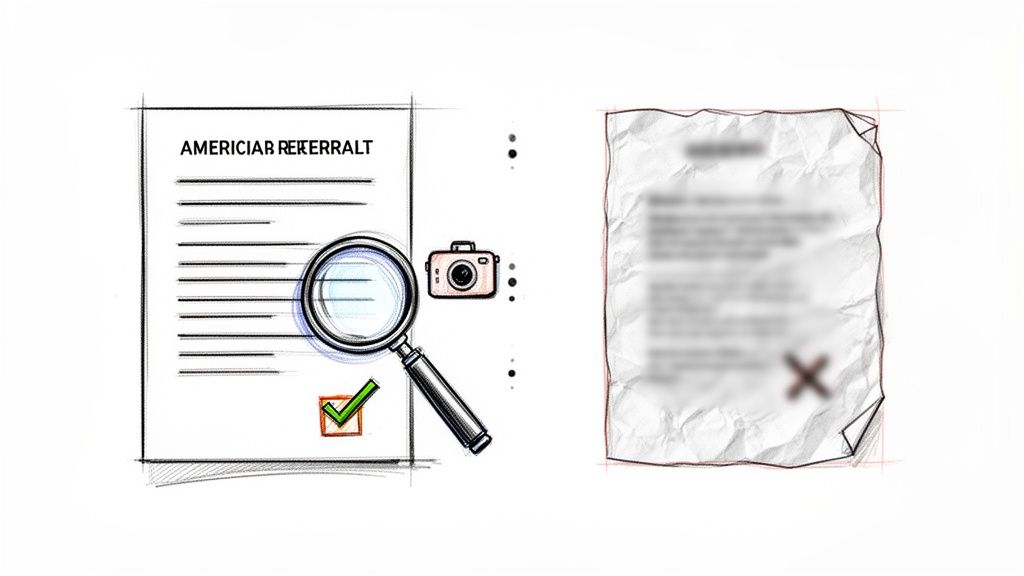 Mapfre Salud Autorizaciones: guía de mapfre salud autorizaciones en 2026 2 Revisión de documentos: uno claro y aprobado con lupa y cámara, otro borroso y rechazado.