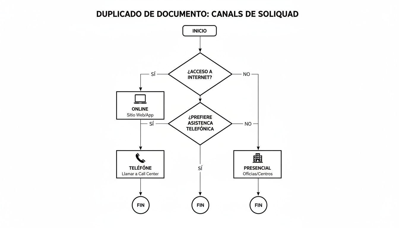 Cómo pedir duplicado tarjeta sanitaria en España 2026 2 Diagrama de flujo que muestra los canales para solicitar un duplicado de documento: online, telefónico o presencial.