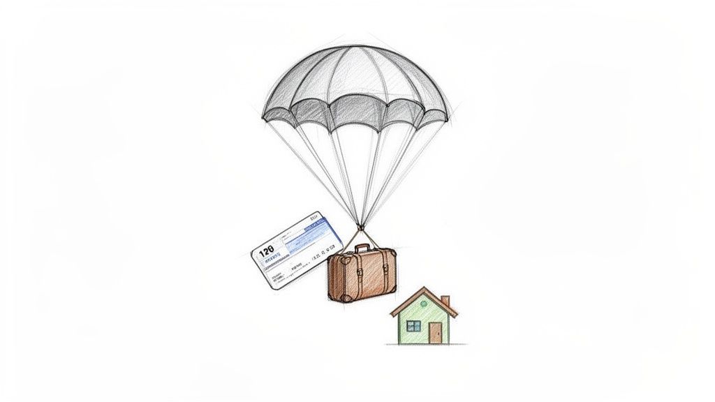 Seguro anulacion viaje: Seguro anulación viaje: Protege tus planes con la mejor 1 Paracaídas entregando maleta y billete de avión sobre una casa, simbolizando seguro de viaje o mudanza.