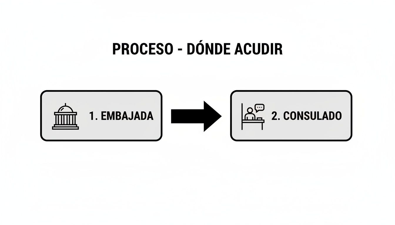 Todo sobre que es una embajada: Guía esencial de servicios 2026. 2 Proceso ilustrativo que muestra dónde acudir, de la embajada al consulado, con iconos representativos.