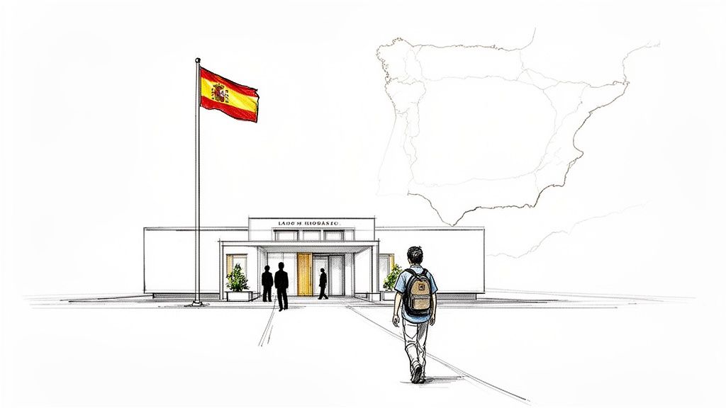 Todo sobre que es una embajada: Guía esencial de servicios 2026. 1 Un estudiante camina hacia un edificio con la bandera de España y un mapa de la Península Ibérica de fondo.