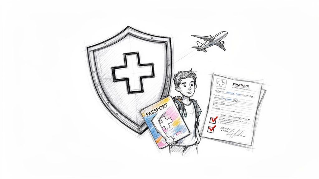 Todo sobre que es una embajada: Guía esencial de servicios 2026. 3 Ilustración de un escudo médico, un joven con pasaporte y un avión, simbolizando protección y seguro de viaje.