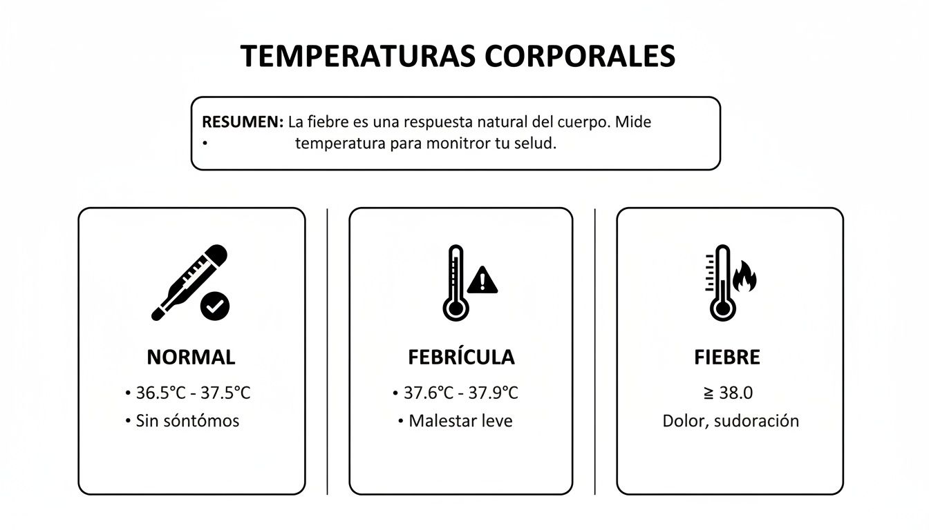 ¿Cuándo 37 es fiebre? Guía esencial para estudiantes en España. 1 Tabla explicativa de temperaturas corporales: normal, febrícula y fiebre, con rangos y síntomas.