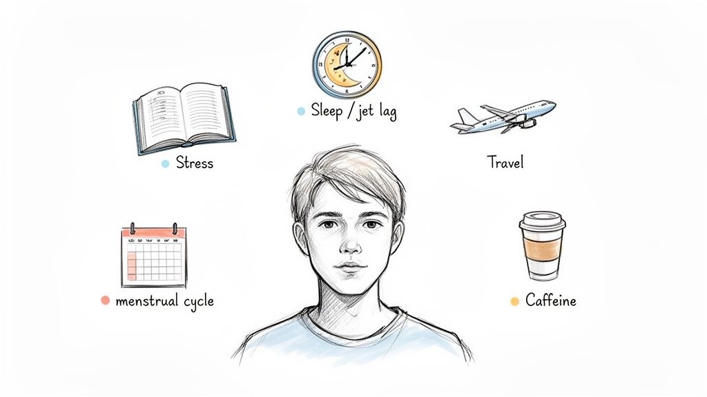 ¿Cuándo 37 es fiebre? Guía esencial para estudiantes en España. 4 Dibujo de un rostro humano rodeado de iconos que representan estrés, sueño, viajes, ciclo menstrual y cafeína.