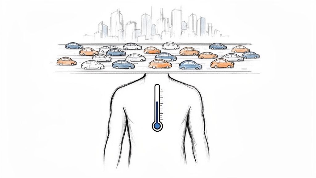 ¿Cuándo 37 es fiebre? Guía esencial para estudiantes en España. 2 Espalda de persona con termómetro en azul bajo una ciudad y tráfico intenso.