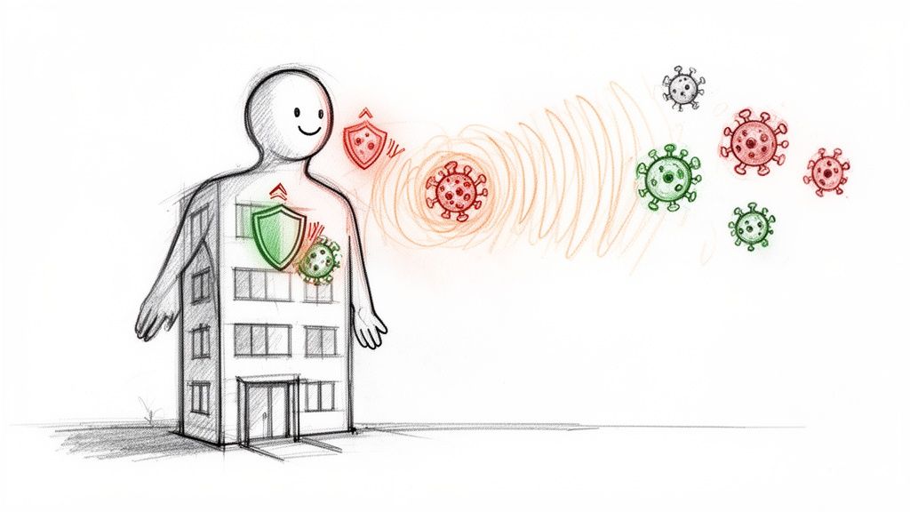 ¿Cuándo 37 es fiebre? Guía esencial para estudiantes en España. 3 Ilustración que combina persona y edificio, mostrando protección inmune con escudos verdes contra virus rojos y verdes.