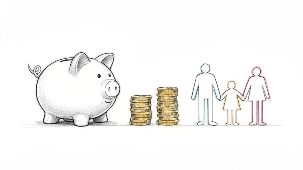 Precio Seguro Dental Adeslas 2026: Guía Completa 2 Ilustración de hucha, monedas y una familia, simbolizando el ahorro y la seguridad financiera familiar.