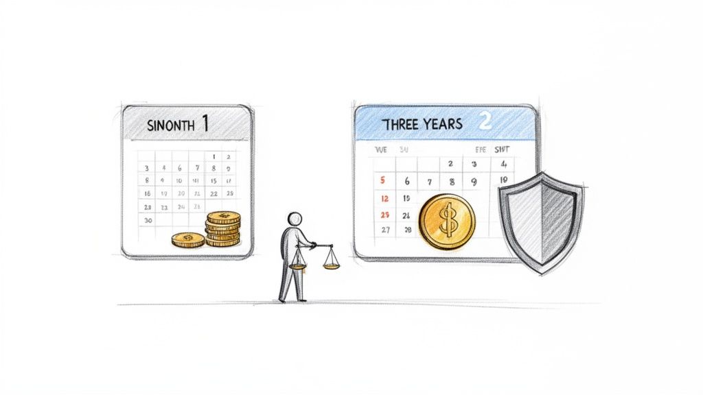 Precio Seguro Dental Adeslas 2026: Guía Completa 3 Persona comparando un calendario mensual con monedas pequeñas y un calendario de tres años con una moneda grande y un escudo.