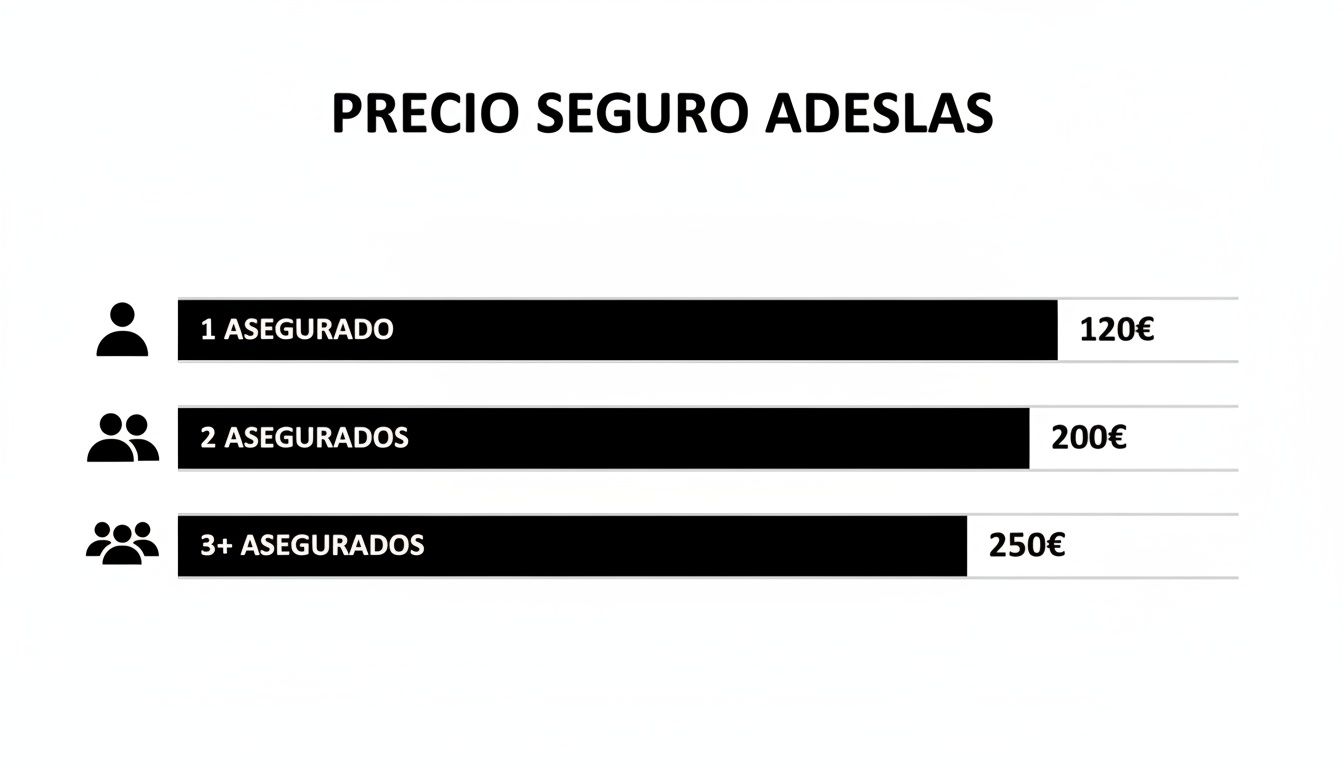 Precio Seguro Dental Adeslas 2026: Guía Completa 1 Tabla de precios del seguro Adeslas mostrando costes para 1, 2 y 3+ asegurados: 120€, 200€ y 250€.