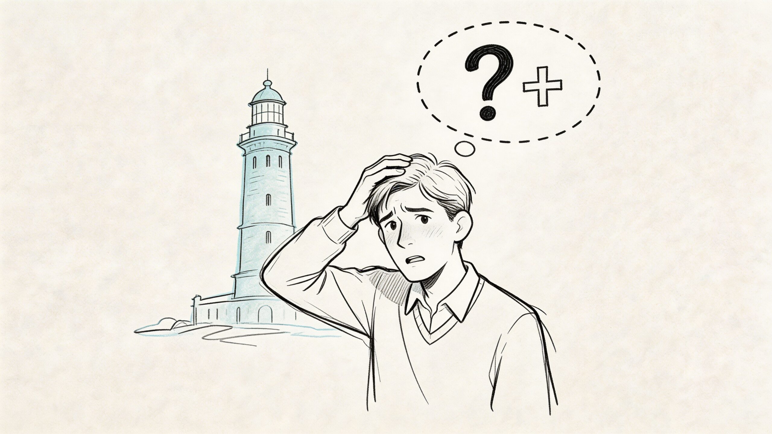 Cuadro medico asisa a coruña: Guía completa 2026 1 Un joven preocupado se toca la cabeza frente a un faro con un signo de interrogación arriba.