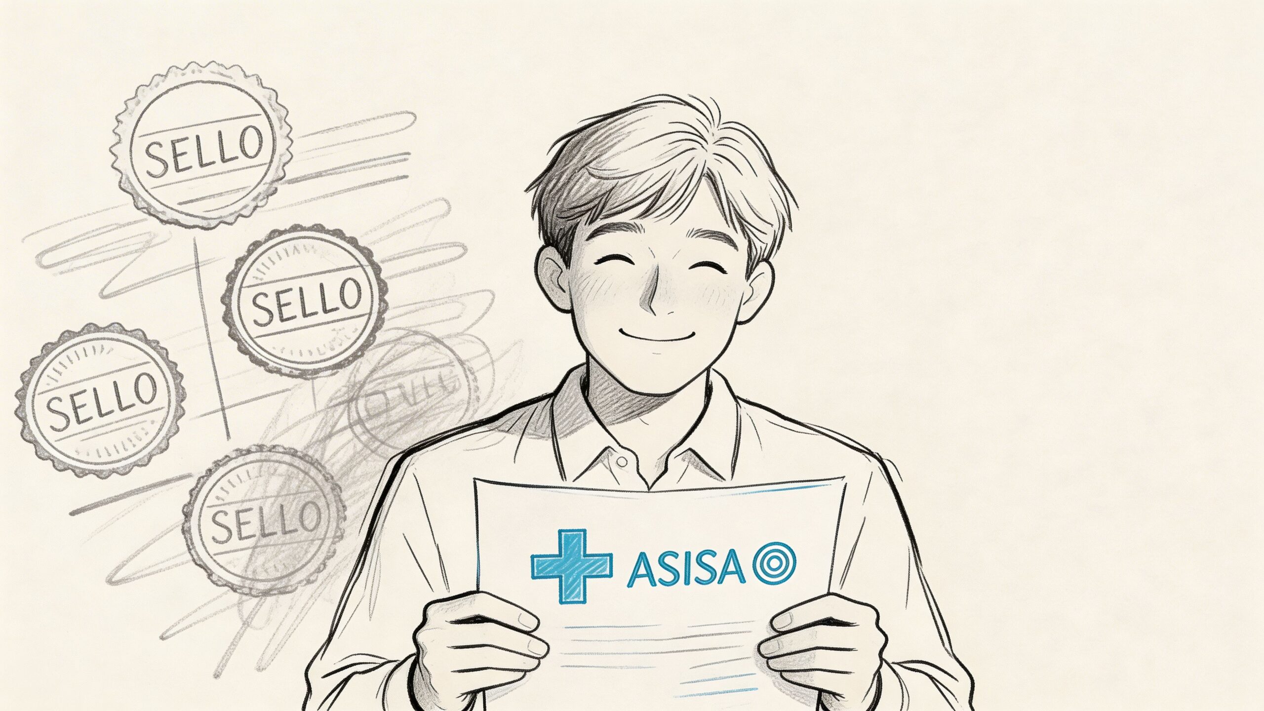 Cuadro medico asisa a coruña: Guía completa 2026 3 Joven sonriente sosteniendo un documento oficial de Asisa con varios sellos circulares en el fondo artístico.