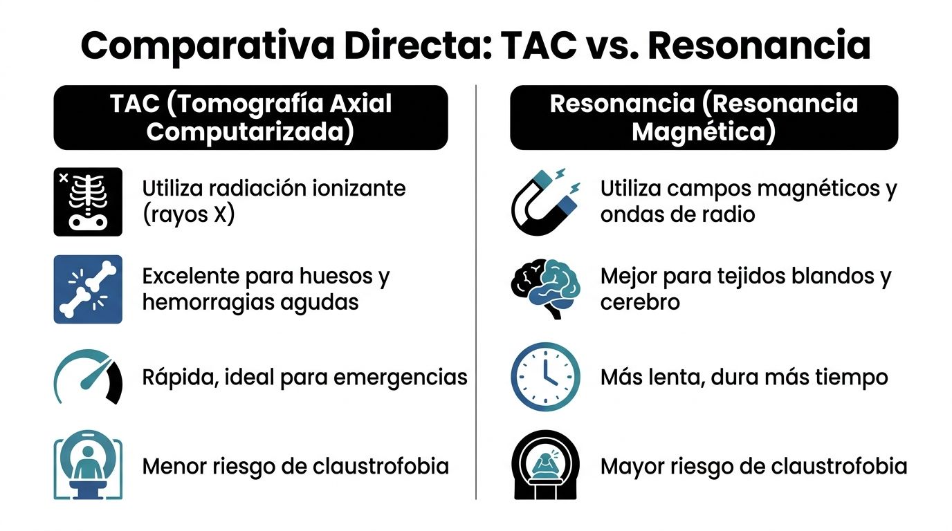 TAC y resonancia: Guía para estudiantes en España 2 Comparativa entre TAC y Resonancia Magnética resaltando diferencias en tecnología, aplicaciones médicas, velocidad y comodidad del paciente.