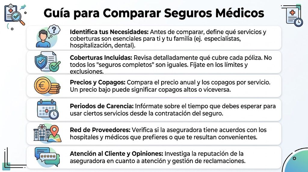Encuentra seguros medicos baratos para estudiar en España 3 Una infografía informativa que explica los pasos esenciales para comparar diferentes opciones de seguros médicos.
