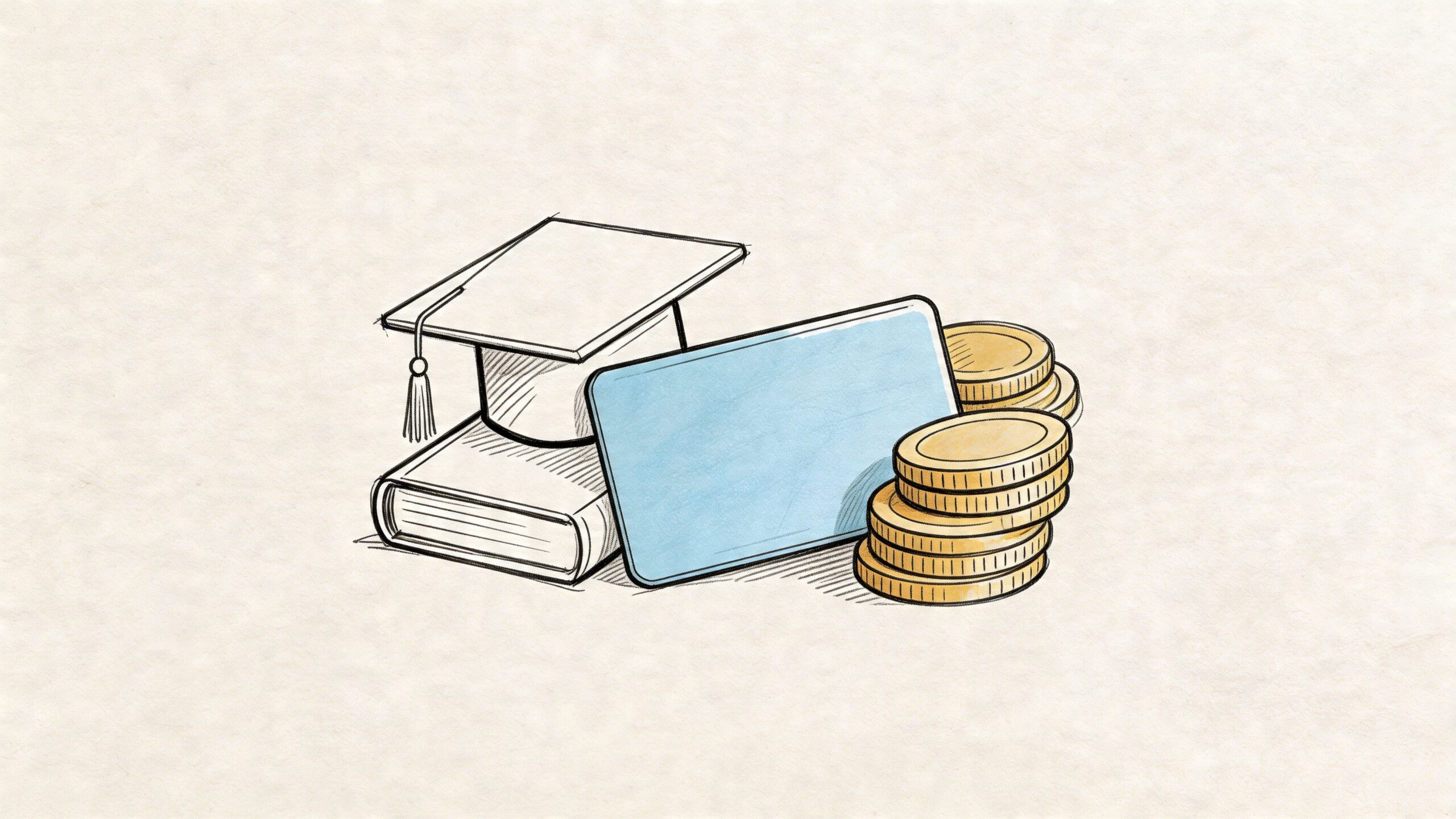 TAC y resonancia: Guía para estudiantes en España 4 Ilustración que muestra un birrete, un libro, una tarjeta y monedas representando la inversión en educación financiera.