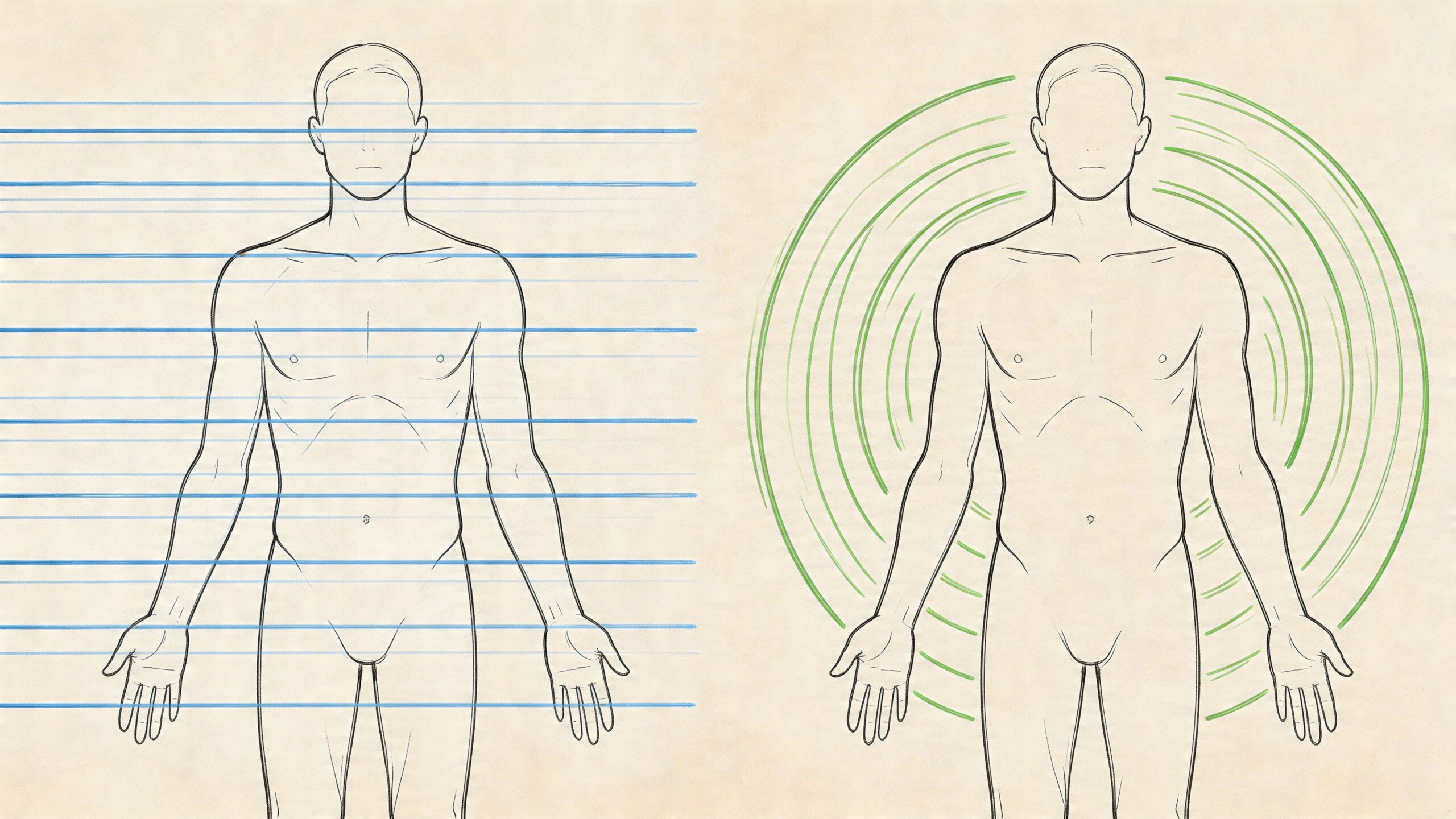 TAC y resonancia: Guía para estudiantes en España 1 Representación anatómica comparando planos anatómicos horizontales y campos energéticos alrededor de una figura humana masculina.