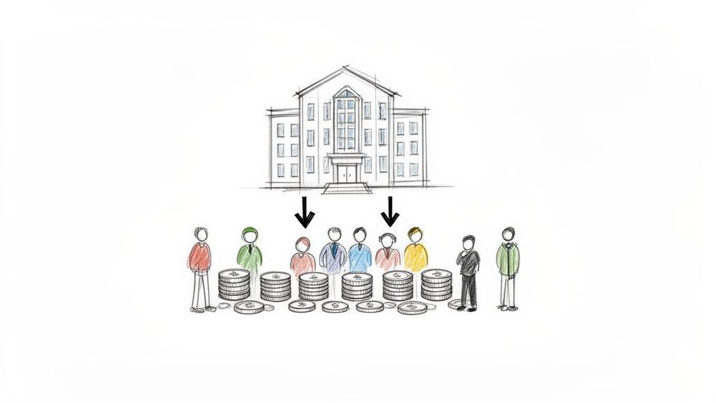 Precio Seguro Dental Adeslas 2026: Guía Completa 4 Dibujo de un edificio que distribuye dinero (monedas) a varias personas. Algunos reciben fondos, otros no.