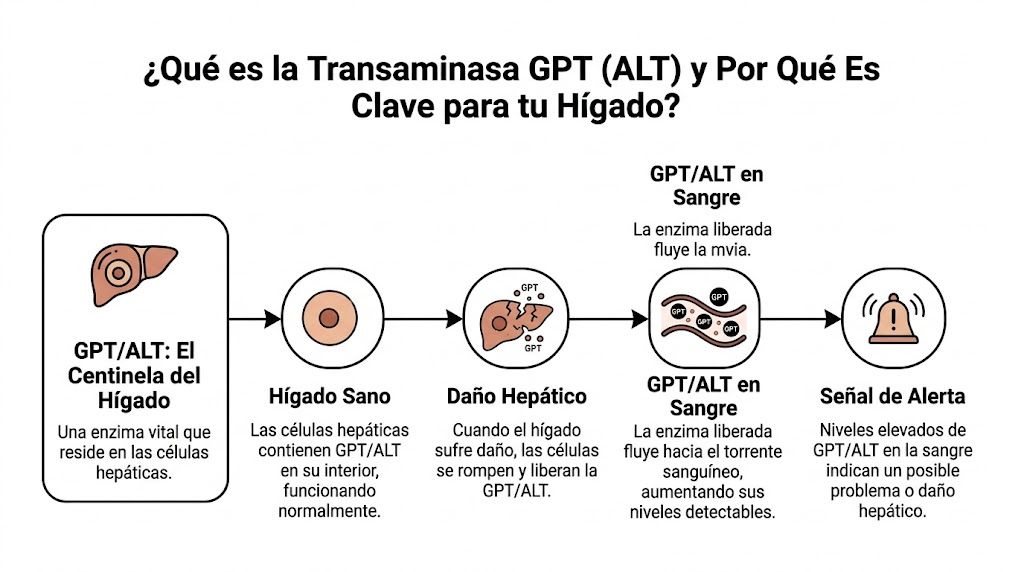 Transaminasa GPT alta: Causas, síntomas y cómo actuar 1 Infografía sobre la transaminasa GPT (ALT), explicando cómo el daño hepático libera esta enzima al torrente sanguíneo.
