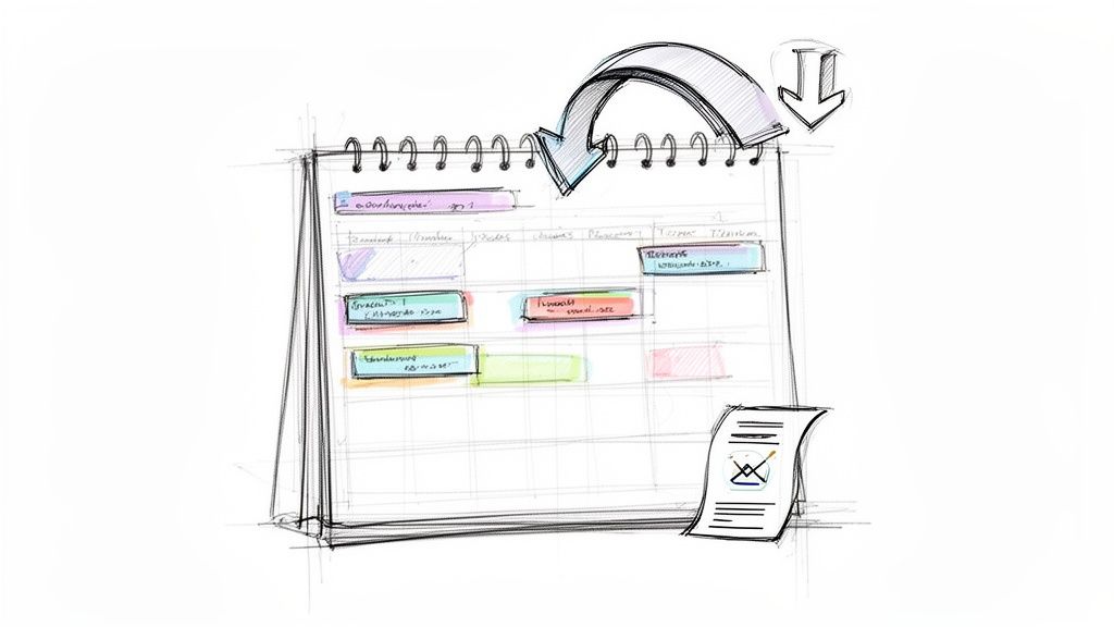 Hospital La Moncloa citas: La guía definitiva para estudiantes y expatriados 3 Ilustración de calendario con bloques de colores y una flecha, representando la gestión del tiempo.