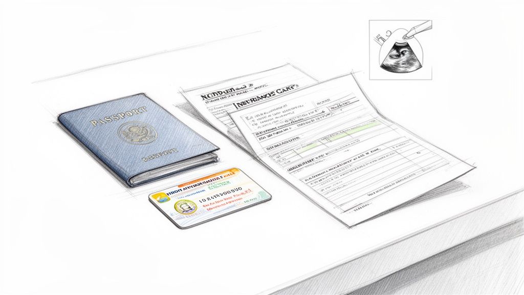 Hospital La Moncloa citas: La guía definitiva para estudiantes y expatriados 2 Documentos de identidad y formularios de seguro médico sobre una mesa, con una ecografía médica.