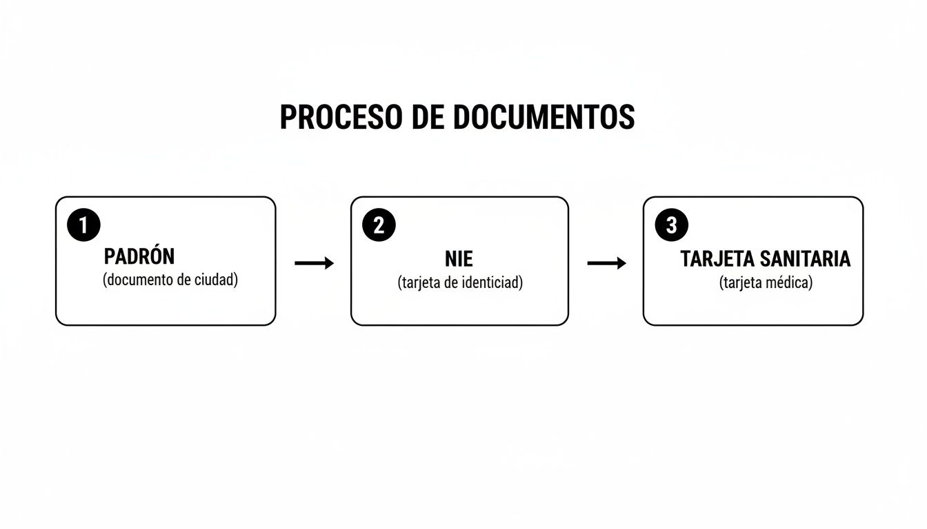 Como cambiar de centro de salud: Cómo cambiar de centro de s 2 Diagrama que ilustra el proceso de obtención de documentos esenciales: Padrón, NIE y Tarjeta Sanitaria en España.