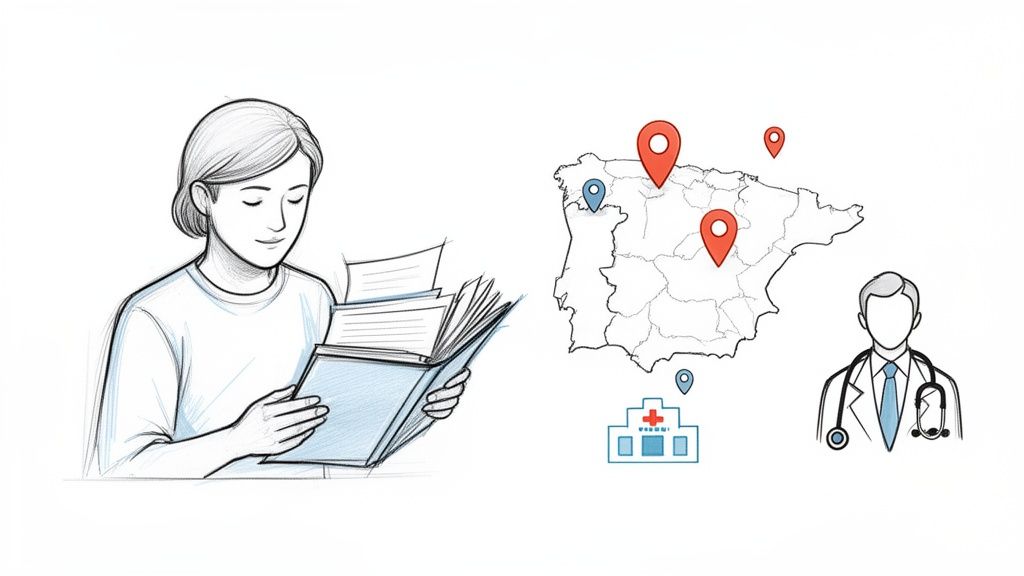 Como cambiar de centro de salud: Cómo cambiar de centro de s 1 Dibujo de una persona leyendo, un mapa de España con ubicaciones de hospitales y un médico, representando servicios de salud.