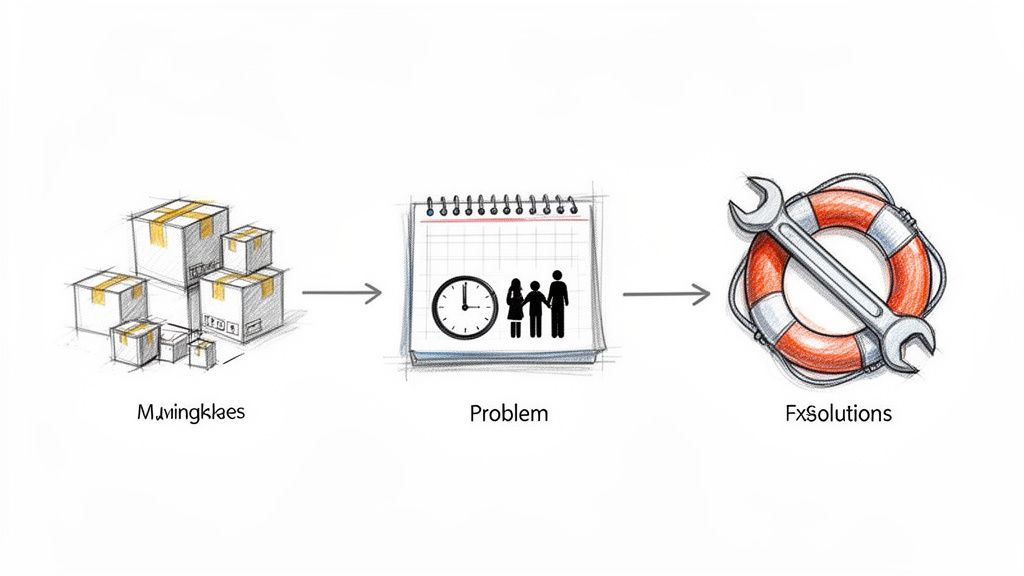 Como cambiar de centro de salud: Cómo cambiar de centro de s 3 Flujo de problema a solución: cajas de mudanza, calendario con familia y reloj, y herramientas de rescate.