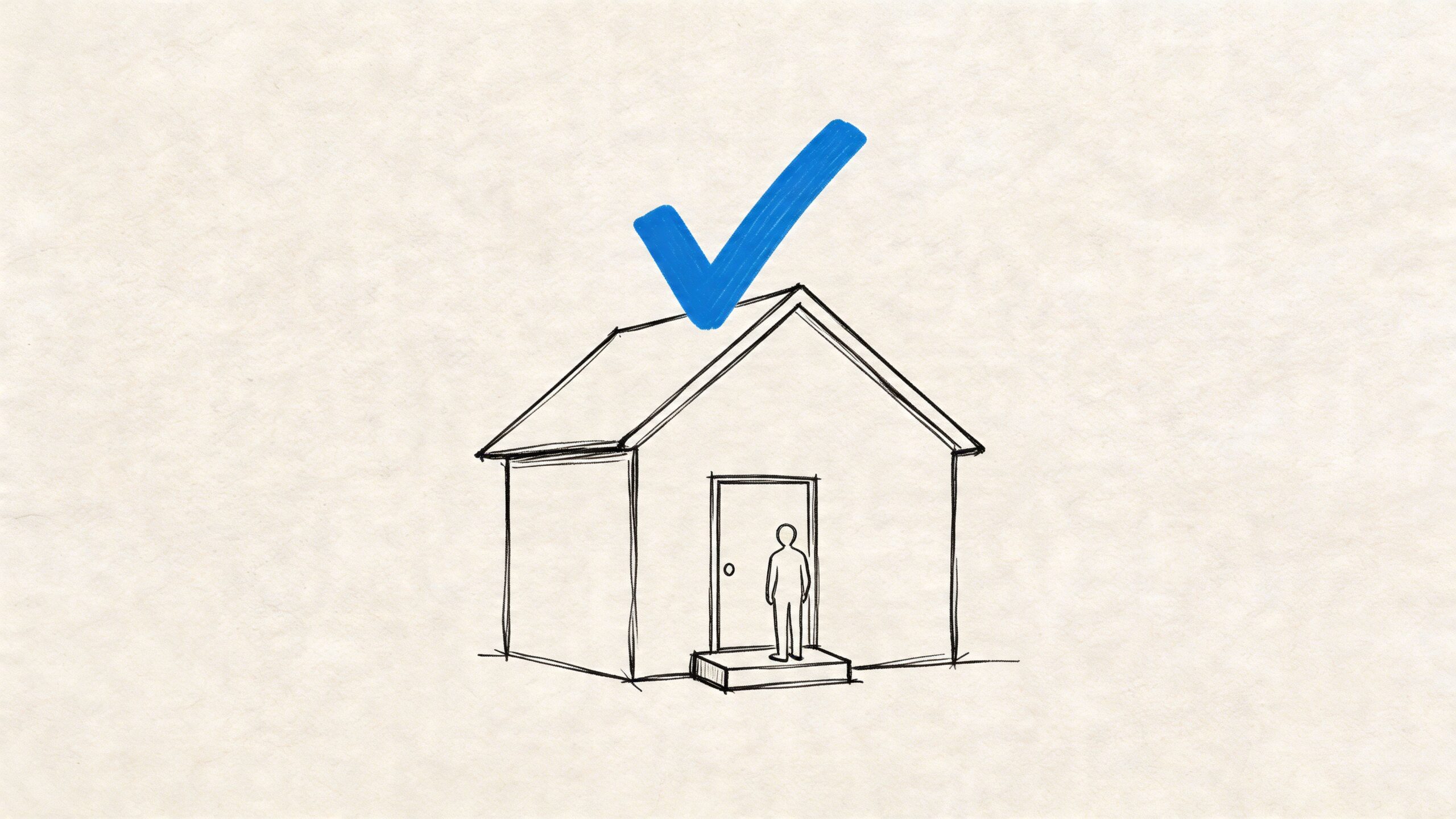 Guía 2026: como saber si estoy dada de alta en España 2 Dibujo lineal de una casa con una marca de verificación azul encima y una persona en la puerta.
