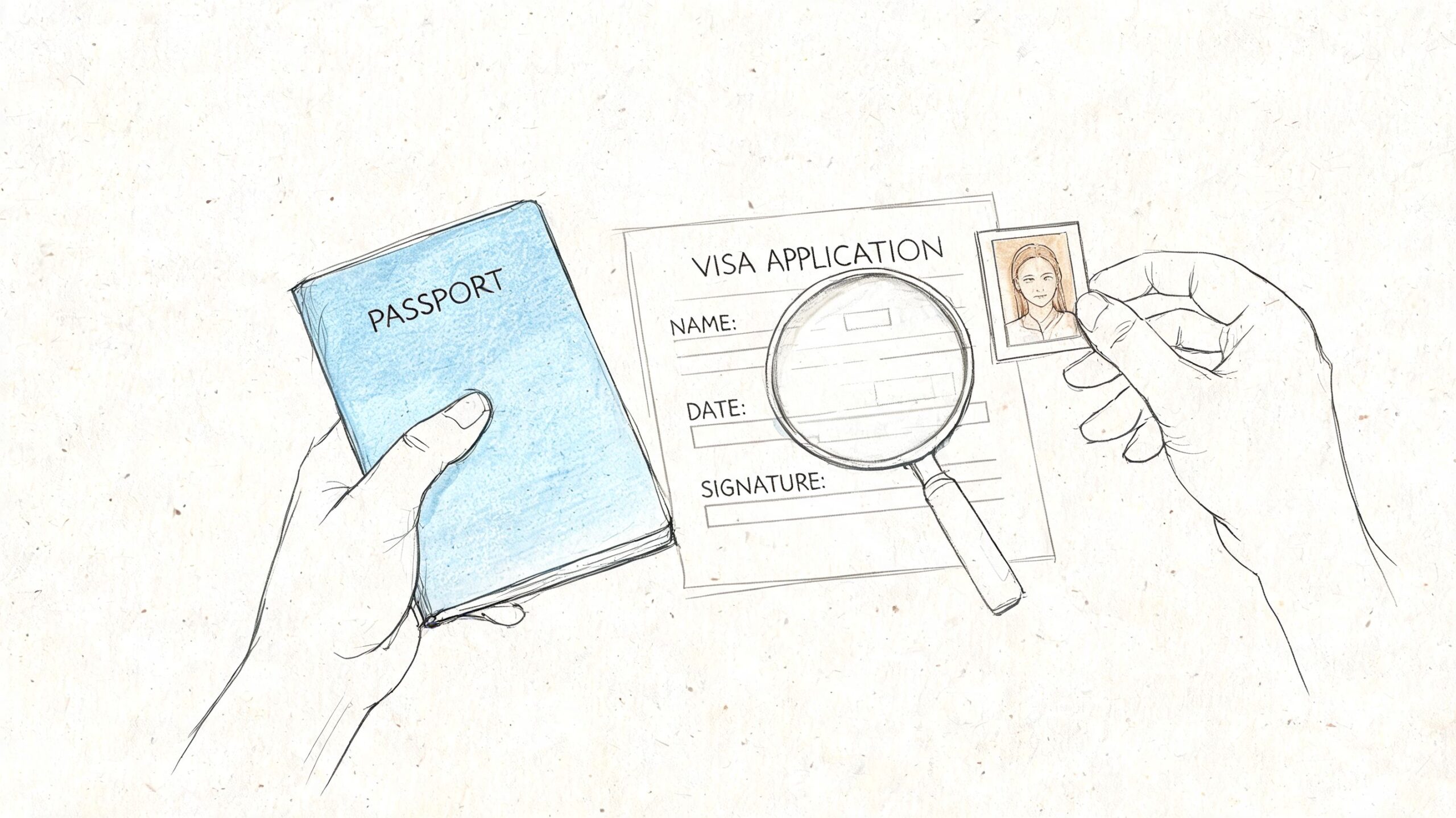 Visado para la India: Guía Completa de Solicitud 2026 3 Una mano sosteniendo un pasaporte azul y la otra mano colocando una foto en una solicitud de visado.