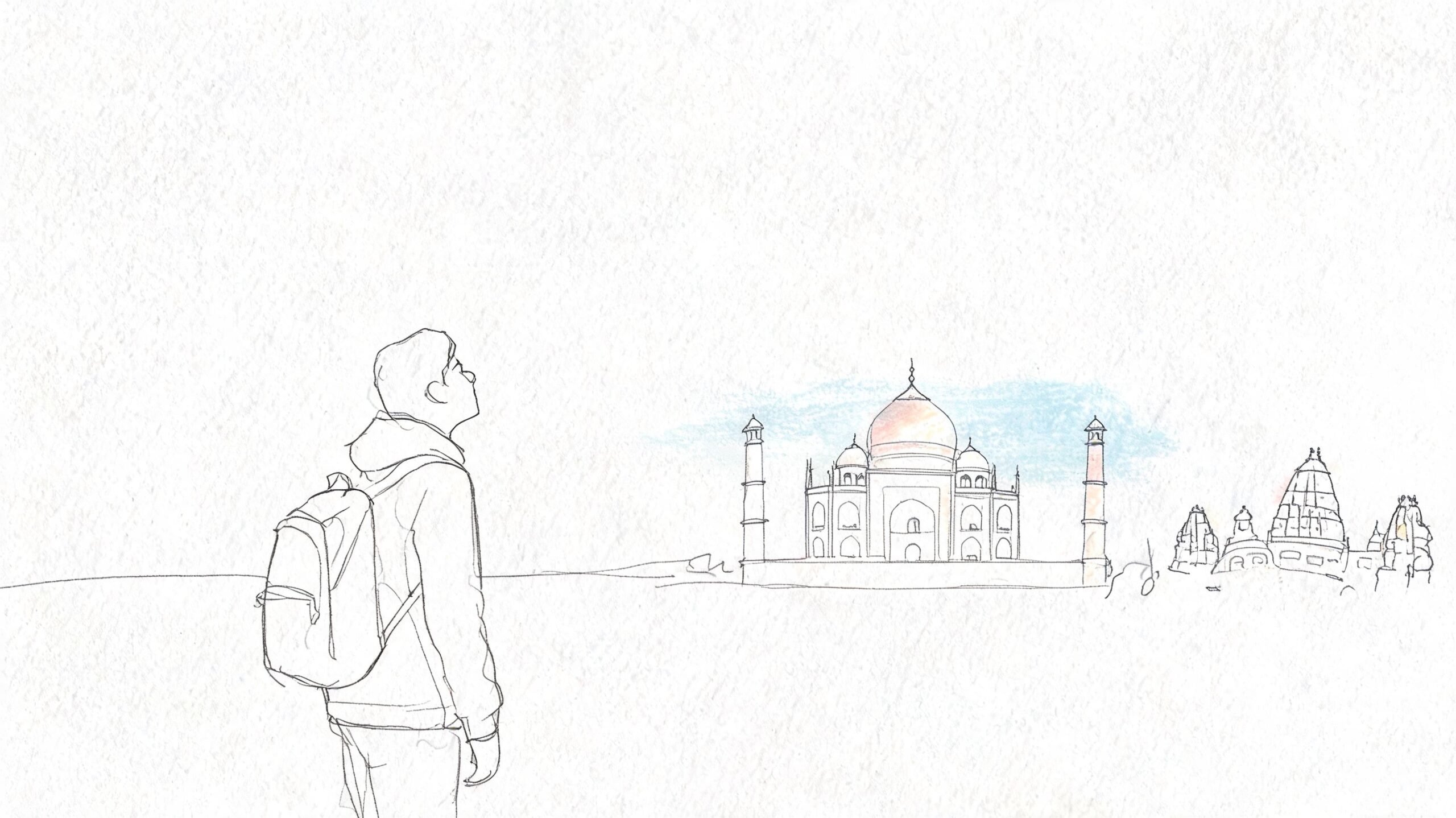 Visado para la India: Guía Completa de Solicitud 2026 1 Un viajero con mochila observa el Taj Mahal, un símbolo icónico de la India, en un dibujo artístico.