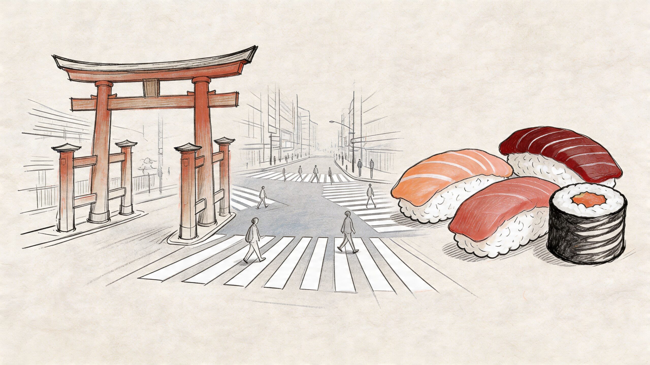 Los mejores seguros de viaje japon: Guía completa 2026 1 Ilustración artística que combina un arco torii tradicional, un cruce peatonal urbano en Japón y piezas de sushi.
