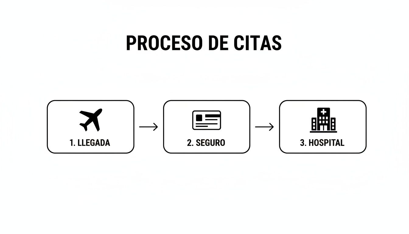 Hospital La Moncloa citas: La guía definitiva para estudiantes y expatriados 1 Diagrama de flujo del proceso de citas que muestra los pasos: llegada, seguro y hospital. Un esquema claro de los trámites.