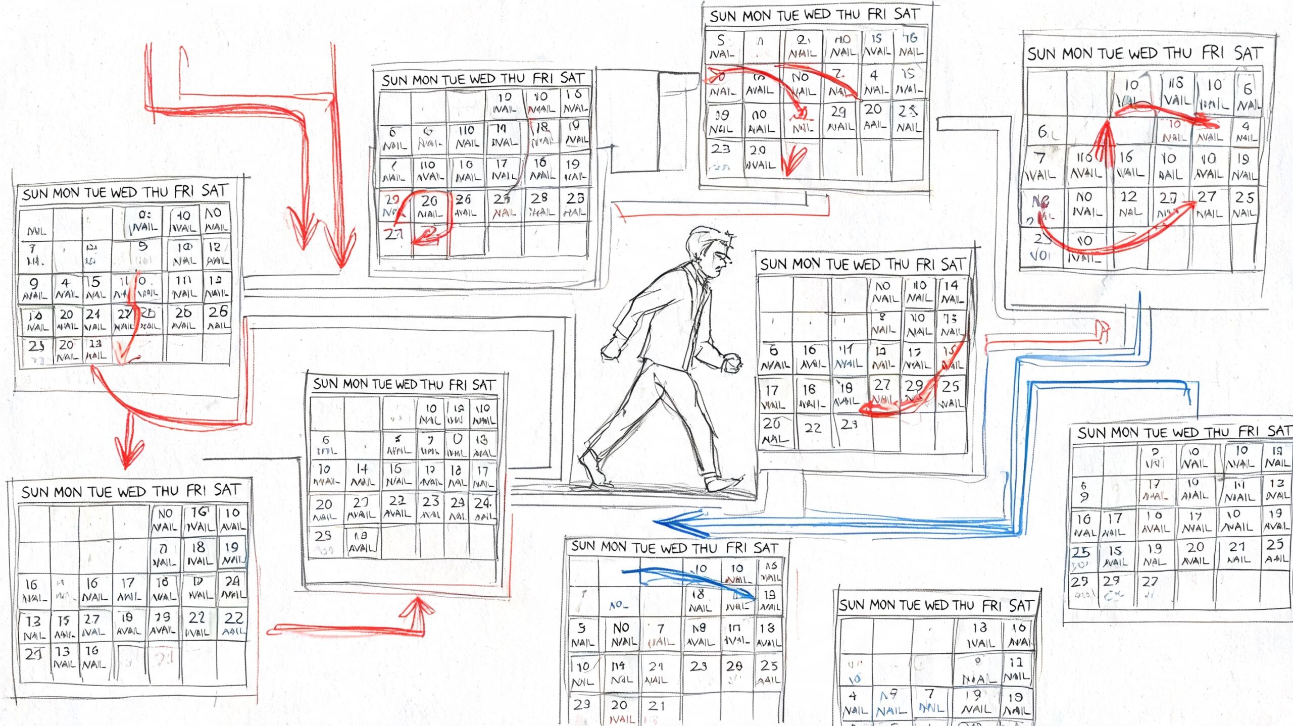 Cita para Pasaporte en Madrid Guía Completa 2026 3 Dibujo detallado de un hombre caminando entre múltiples calendarios complejos conectados por diversas líneas y flechas.